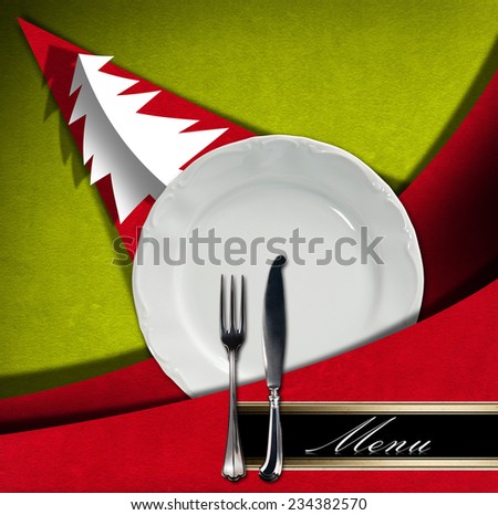 Template for a Christmas food menu / Red and green velvet background with horizontal black band and written menu, empty white plate with silver cutlery and stylized Christmas tree with shadows.