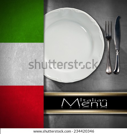 Italian Restaurant Menu Design / Metallic background with textile italian flag, empty white plate with silver cutlery, fork and knife and black horizontal band. Template for food Italian menu