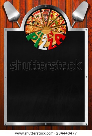 Italy Pizza - Menu Design / Empty blackboard on wooden background with metal frame, slices of pizza, spatulas and written Italy Pizza on round cutting board. Template for a italian pizza menu