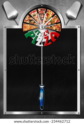 Italy Pizza / Empty blackboard on metal background with metal frame, slices of pizza, spatulas and written Italy Pizza on the stainless steel pizza cutter. Template for a italian pizza menu