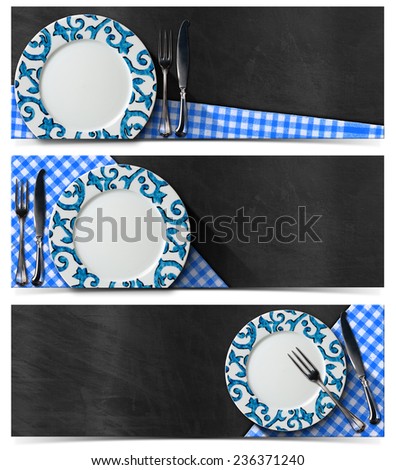 Collection of three kitchen banners with empty decorated plate, silver cutlery, blue and white checked tablecloth on empty blackboard. Isolated on white background