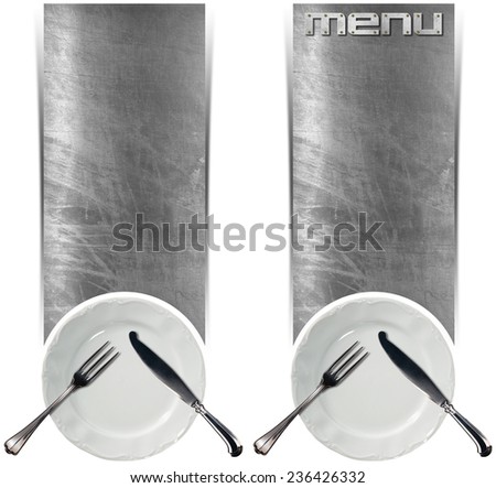 Two Restaurant Menu Banners / Two vertical metallic banners with empty white plate and silver cutlery isolated on white background. Template for recipes or food menu