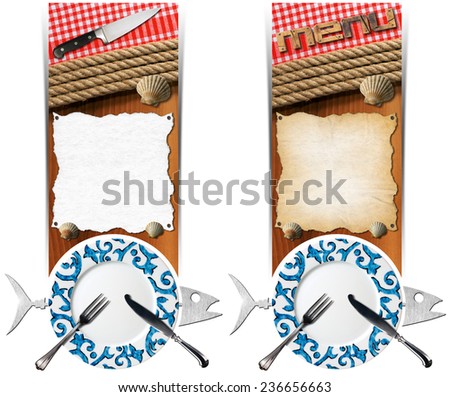 Seafood Banners. Two vertical banners with metal fish, plate with cutlery, empty parchment on wooden background with ropes, kitchen knife, checkered tablecloth and seashells. Template for seafood