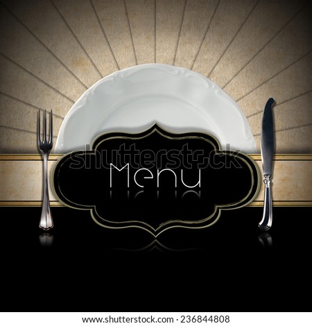 Restaurant Menu Design. Restaurant menu with empty plate and silver cutlery, black label, horizontal band and radial stripes on a black background with reflections