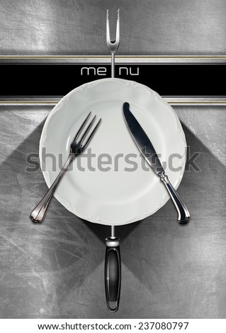 Restaurant Menu Design. Restaurant menu with empty plate and cutlery, on steel brushed background with black horizontal band and written menu