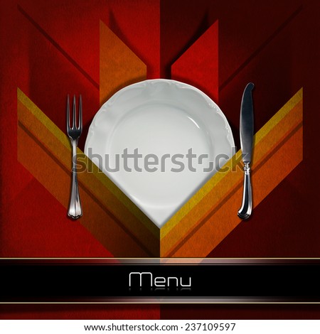 Restaurant Menu Design. Restaurant menu with empty white plate and silver cutlery, fork and knife, on red and orange velvet background with geometric shapes and shadows