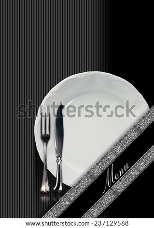 Restaurant Menu Design. Restaurant menu with empty plate and cutlery, fork and knife, on a black and gray background with diagonal silver bands and written menu