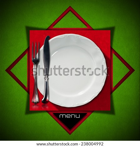 Restaurant Menu Design. Red and green velvet background with geometric shapes, square and triangles with empty plate and cutlery. Template for a restaurant food menu