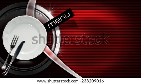 Restaurant Menu Design. Horizontal restaurant menu with empty plate and cutlery, fork and knife, on red and black corrugated background with metal circle and curve