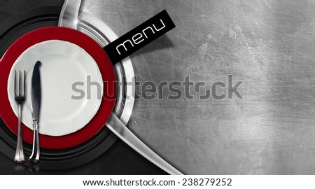 Restaurant Menu Design. Horizontal restaurant menu with empty plates and cutlery, fork and knife, on metallic and black background with metal circles and curve