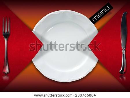 Restaurant Menu Design. Horizontal restaurant menu with empty white plate and cutlery, fork and knife, on red and orange velvet background with black label with written menu