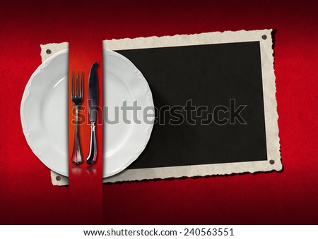 Restaurant Menu with Photo Frame. Empty photo frame with empty white plate and silver cutlery on red velvet background. Template for an elegant restaurant menu