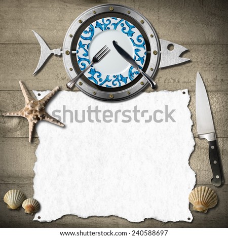 Seafood Menu Background. Restaurant seafood menu with metal fish, plate, fork and knife, seashells and starfish, kitchen knife, empty white paper on a wooden background