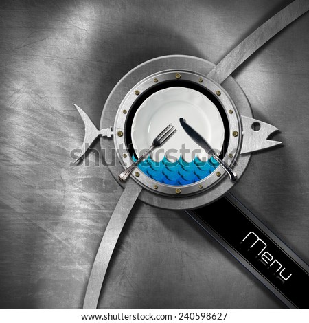 Seafood - Menu Design. Metallic brushed background with porthole and metal fish with blue waves, empty white plate and cutlery, diagonal black band with text menu. Template for a seafood menu