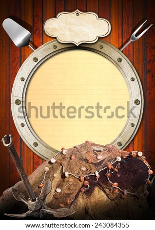 Seafood - Menu Template. Metal porthole with yellow lined paper on wooden background, kitchen utensils, rusty anchor and fishing net. Template for recipes or seafood menu