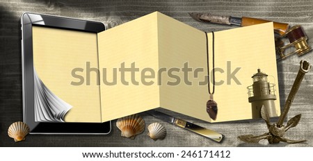 Adventurous Journeys Background. Tablet computer with folded pages, folding knives, binoculars, seashells, flint, lighthouse and rusty anchor. Concept of adventurous travels