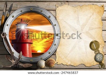 Adventurous Journeys Background. Porthole with lighthouse at sunset, anchor, seashells, penknives, parchment with compass rose and compass on wooden background with sand