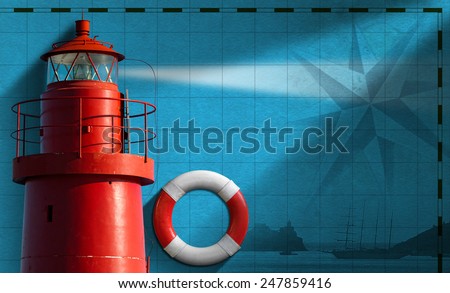 Adventurous Journeys Background. Blue background with red metallic lighthouse, white and red lifebuoy, compass rose and sailing ship. Concept of adventurous Journeys