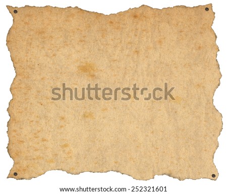 Old Brown Paper with Nails. Brown empty parchment or sheet of paper with nails, isolated on a white background