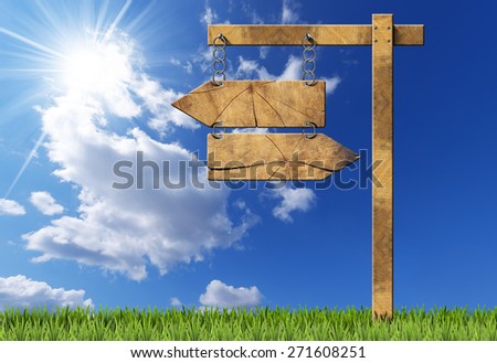Wooden directional sign with two empty arrows in opposite direction hanging with a metal chain on a wooden pole on blue sky with clouds, sun rays and green grass