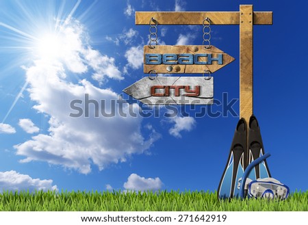 Beach and City - Directional Signs. Wooden directional sign with two arrows with text beach and city and an equipment for snorkeling. On blue sky with clouds, sun rays and green grass