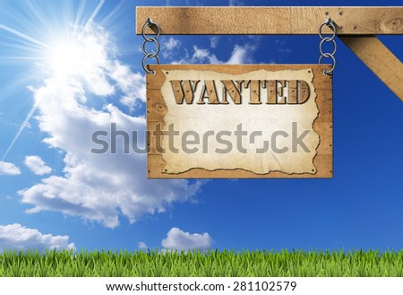 Wanted - Wooden Sign with Chain. Wooden sign with planks and torn empty parchment with text Wanted. Hanging from a metal chain on a wooden pole on blue sky with clouds and sun rays