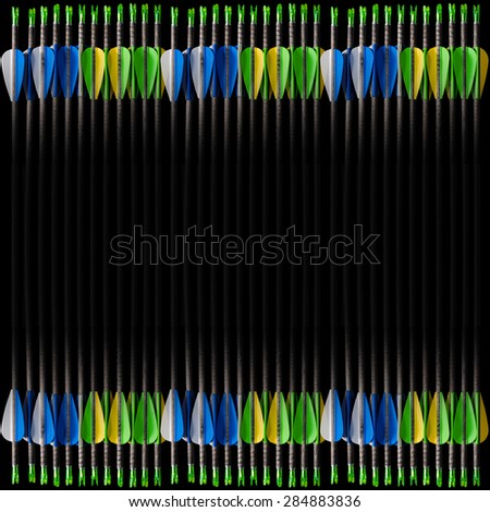 Archery Background with Arrows. Black background with copy space and many arrows. Template for archery sport