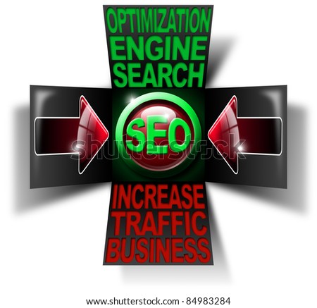 Illustration with open cube, icon S.E.O., 2 red arrows and written business search engine optimization traffic increase