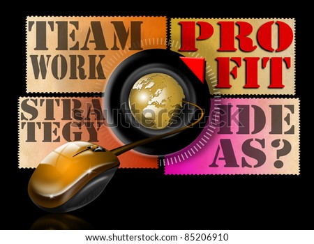 Illustration with mouse, globe and written ideas, teamwork, strategy and profit