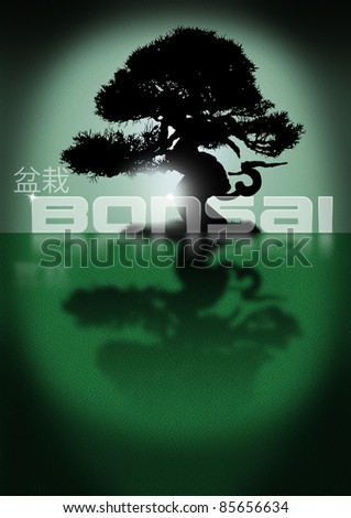 Bonsai tree silhouette on a green background with leather written bonsai and Japanese written
