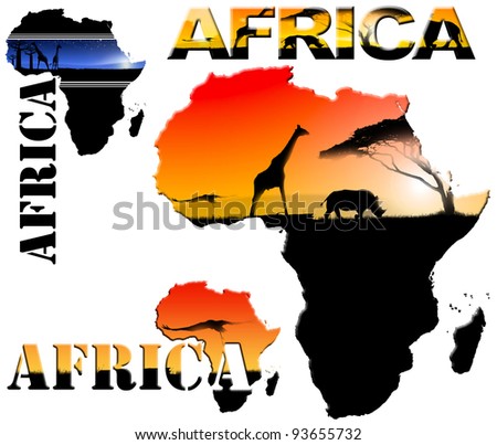 Set Africa Map Illustration / with colorful landscapes of fantasy and written Africa
