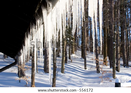 Hanging icicles from an alpine-style ski lodge with wooded snow scene as background