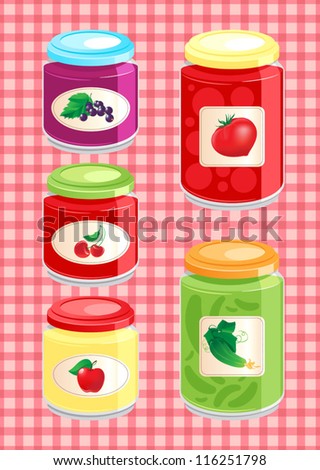 jams and pickled vegetables in glass jars on the background checkered tablecloth. vector illustration