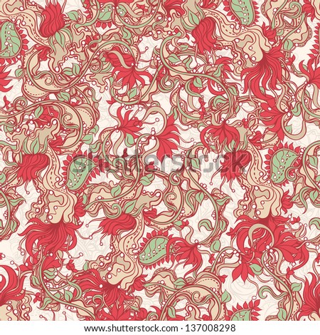 Seamless abstract nature pattern with red flowers and blue leafs