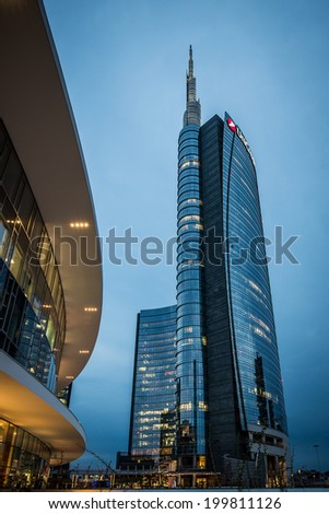 MILAN, ITALY, JUNE 18 2014: new Unicredit Bank skyscraper, night scene Milan june 18 2014