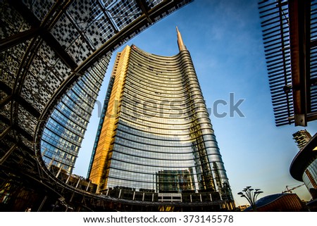 MILAN, ITALY - FEBRUARY 04,2016: Milan Porta Garibaldi district. The Unicredit Bank skyscraper and Piazza Gae Aulenti.