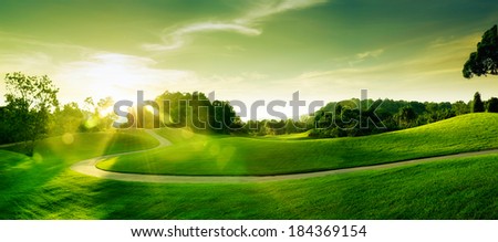 panoramic view of nice green hill on blue sky background