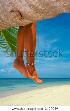 view of nice smooth woman’s legs hanging from the palm
