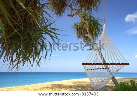 view of nice white  hammock hanging between two palms