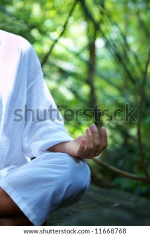 Fragment like image of young woman practicing yoga in tropic environment