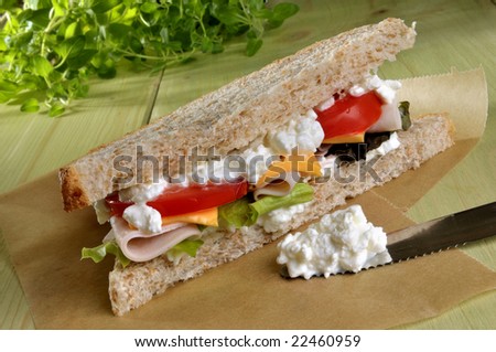 Closeup of a fresh deli sandwich with cottage cheese, luncheon and vegetables