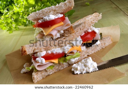 Closeup of a fresh double deli sandwich with cottage cheese, luncheon and vegetables