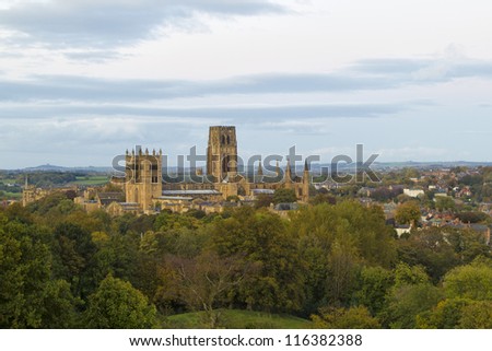 Durham Cathedral standing over the city of Durham in the evening light just before sunset.