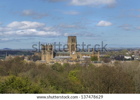 Durham Cathedral standing over the city of Durham in the spring sunshine