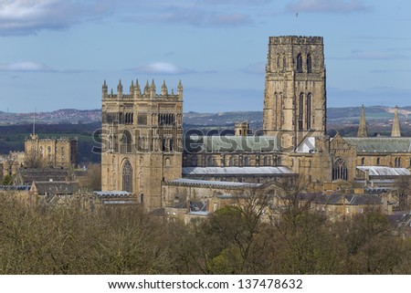 Durham Cathedral standing over the city of Durham in the spring sunshine