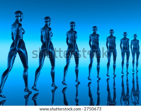 stock photo Walking naked girls on a mirror surface 3d scene