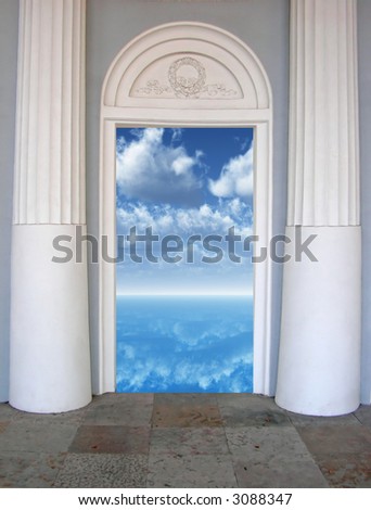 Blue sky with white clouds  in open door - digital artwork.