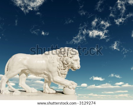 Sculpture of a white lion on a background of the blue sky