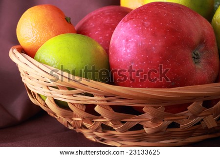 fruits in a basket, apple, oranges, basket of ripe fruits,