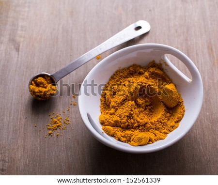 A bowl of curry spice powder and a measuring spoon.